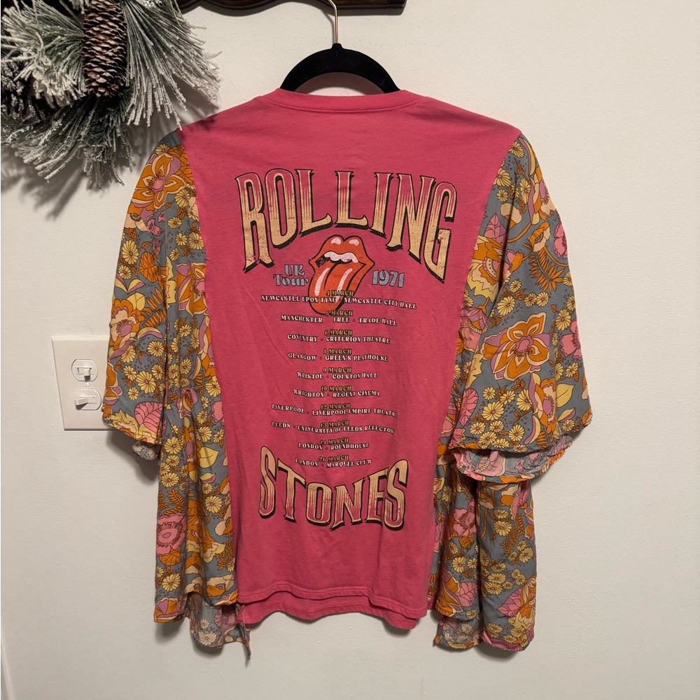 Custom Pink Rolling Stones Graphic Tee with Floral Sleeves - Picture 6 of 7